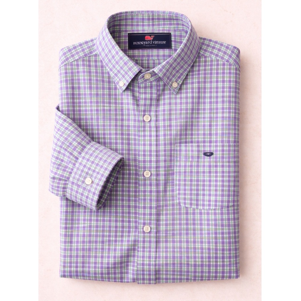 Vineyard Vines Lavender and Green Plaid Button-Down Shirt